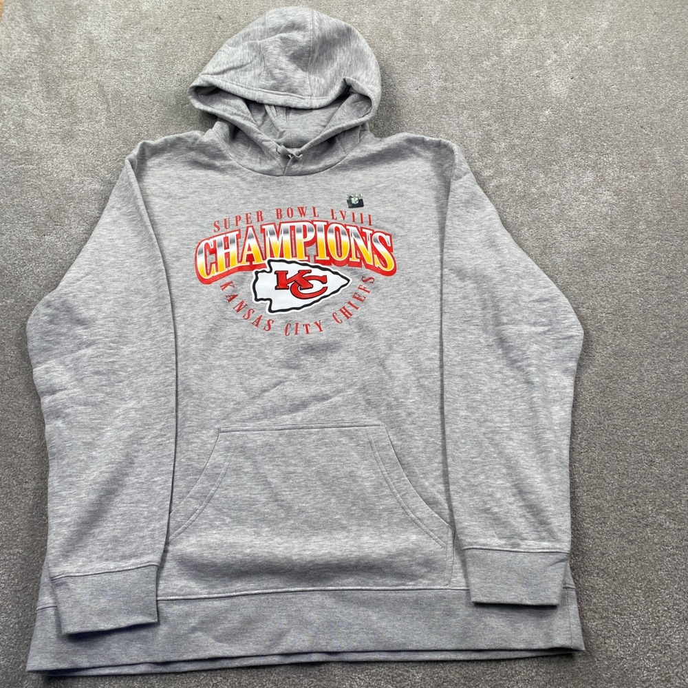 NFL Kansas City Chiefs Hoodie Mens 2XL Gray Super Bowl LVIII Champions Pullover